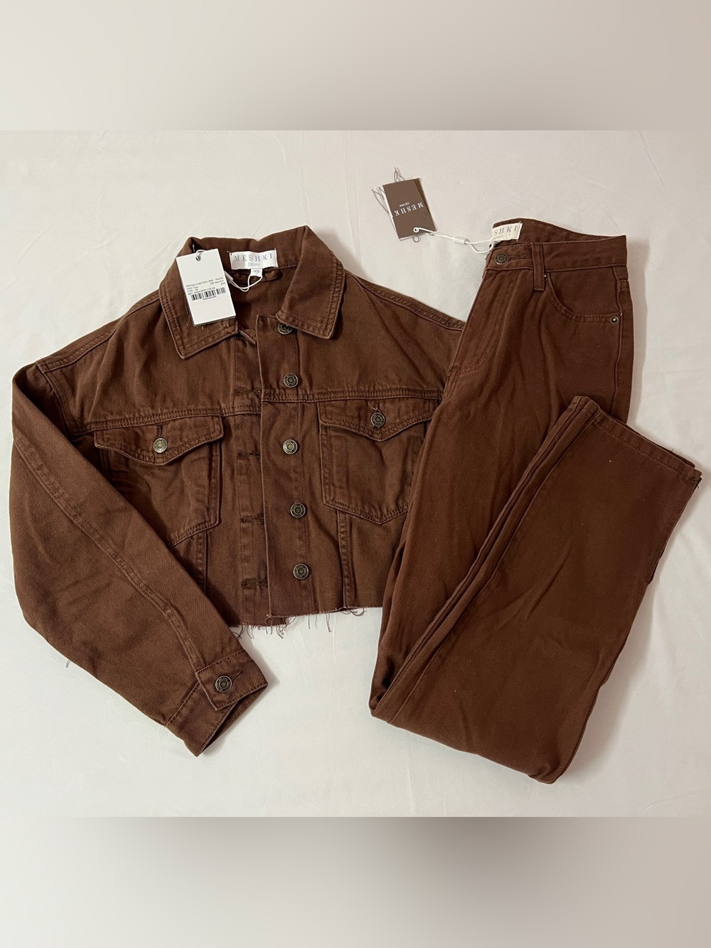 Meshki Kasey Cropped Denim Jean Jacket + Pia Split Side Wide Leg Pants Brown Set
